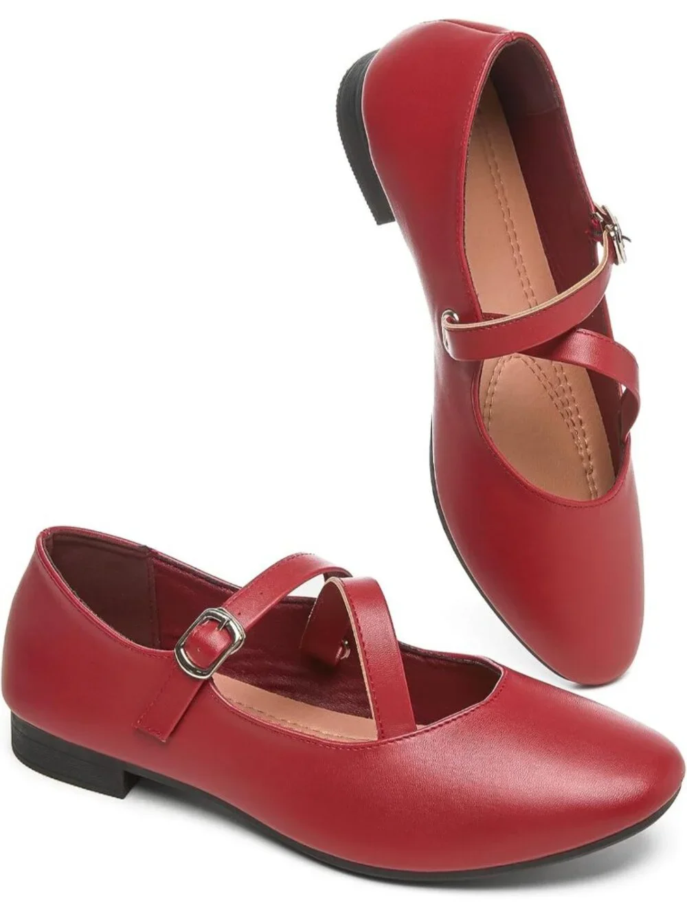 Women's Dark Red Mary Janes with Cross Strap Soft Memory Foam Flats Shoes